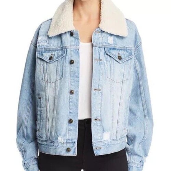 Free People Women's Sherpa Fleece Collar Denim Jacket Size Small EUC - Picture 1 of 4